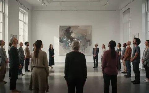 Eine Gruppe von Menschen praktiziert Achtsamkeitsmeditation in einem hellen, minimalistischen Kunstmuseum vor einem Gemälde. - Foto: über boerse-global.de