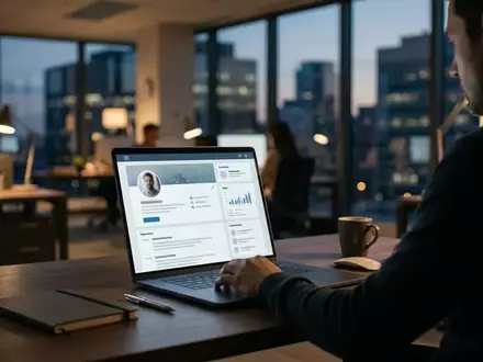 Ein Laptop in einem modernen Büro bei Dämmerung, das auf ein professionelles berufliches Netzwerk-Profil fokussiert ist. - Foto: über boerse-global.de