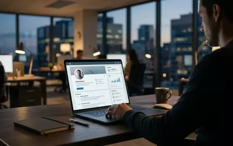 Ein Laptop in einem modernen Büro bei Dämmerung, das auf ein professionelles berufliches Netzwerk-Profil fokussiert ist. - Foto: über boerse-global.de