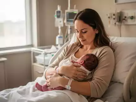 Eine Mutter hält ihr neugeborenes Baby in einem hellen, freundlichen Krankenhauszimmer. - Foto: über boerse-global.de