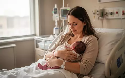 Eine Mutter hält ihr neugeborenes Baby in einem hellen, freundlichen Krankenhauszimmer. - Foto: über boerse-global.de