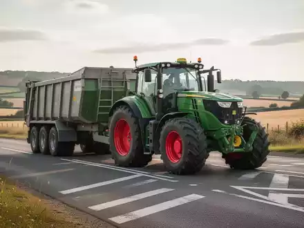 Ein moderner Traktor mit Anhänger fährt auf einer ländlichen Straße in der Nähe einer Kreuzung. - Foto: über boerse-global.de