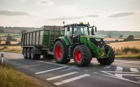 Ein moderner Traktor mit Anhänger fährt auf einer ländlichen Straße in der Nähe einer Kreuzung. - Foto: über boerse-global.de