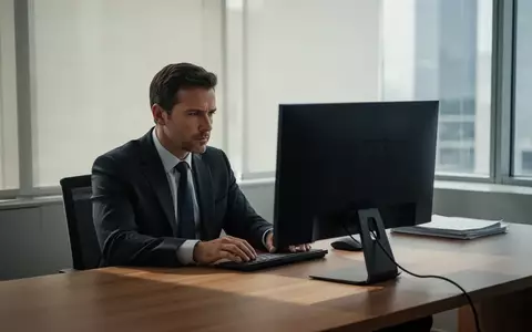 Eine konzentrierte Führungskraft sitzt nachdenklich vor einem ausgeschalteten Computerbildschirm in einem modernen Büro. - Foto: über boerse-global.de