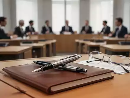 Ein Schreibtisch in einem Schweizer Parlamentsgebäude mit Notizbuch und Stift, im Hintergrund unscharfe Politiker. - Foto: über boerse-global.de