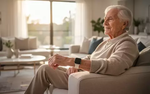 Eine ältere Person trägt eine Smartwatch in einem modernen, lichtdurchfluteten Wohnzimmer. - Foto: über boerse-global.de
