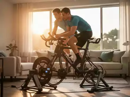 Ein Sportler trainiert auf einem Indoor-Fahrradtrainer in einem hellen, modern eingerichteten Wohnraum. - Foto: über boerse-global.de