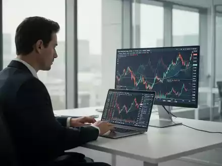 Ein Finanzhändler vor einem Laptop mit Börsenkurven in einem modernen, hellen Büro. - Foto: über boerse-global.de