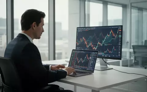 Ein Finanzhändler vor einem Laptop mit Börsenkurven in einem modernen, hellen Büro. - Foto: über boerse-global.de