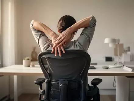 Person in einem modernen Büro beim Dehnen zur Linderung von Rückenbeschwerden, natürliches Licht. - Foto: über boerse-global.de