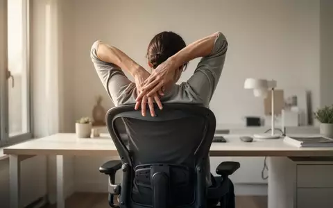 Person in einem modernen Büro beim Dehnen zur Linderung von Rückenbeschwerden, natürliches Licht. - Foto: über boerse-global.de