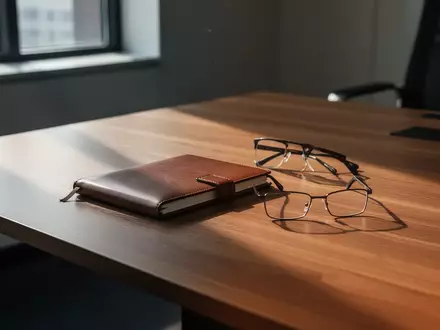 Ein leerer Schreibtisch in einem modernen Büro mit Notizbuch und Brille bei natürlichem Tageslicht. - Foto: über boerse-global.de
