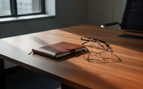 Ein leerer Schreibtisch in einem modernen Büro mit Notizbuch und Brille bei natürlichem Tageslicht. - Foto: über boerse-global.de