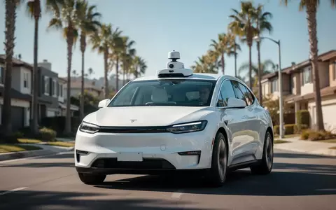 Ein autonomes Fahrzeug mit Sensoren auf dem Dach fährt bei sonnigem Wetter durch eine kalifornische Vorstadtstraße. - Foto: über boerse-global.de