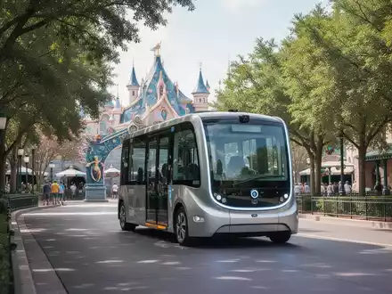Ein moderner autonomer Shuttlebus fährt auf einer baumgesäumten Straße zum Eingang eines Freizeitparks. - Foto: über boerse-global.de