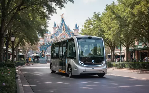 Ein moderner autonomer Shuttlebus fährt auf einer baumgesäumten Straße zum Eingang eines Freizeitparks. - Foto: über boerse-global.de