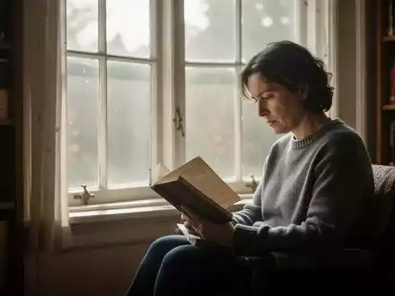 Eine alleinstehende Person sitzt entspannt an einem Fenster in einer ruhigen, lichtdurchfluteten Bibliothek. - Foto: über boerse-global.de