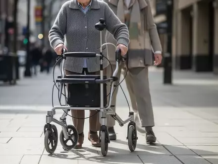 Eine ältere Person nutzt einen Rollator auf einem Gehweg und achtet dabei auf eine aufrechte Körperhaltung. - Foto: über boerse-global.de