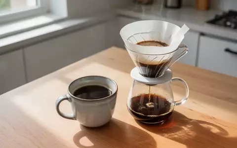 Eine Tasse frisch gebrühter Kaffee neben einem Kaffeefilter aus Papier in einer hellen, modernen Küche. - Foto: über boerse-global.de