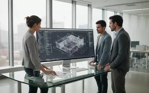 Zwei Fachleute arbeiten in einem modernen Büro an einem digitalen Architekturmodell auf einem hochauflösenden Monitor. - Foto: über boerse-global.de
