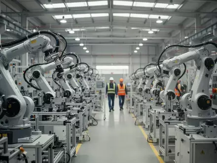 Moderne, hochtechnisierte Produktionshalle eines Maschinenbauunternehmens mit automatisierten Fertigungsrobotern. - Foto: über boerse-global.de