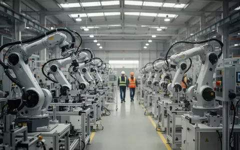 Moderne, hochtechnisierte Produktionshalle eines Maschinenbauunternehmens mit automatisierten Fertigungsrobotern. - Foto: über boerse-global.de