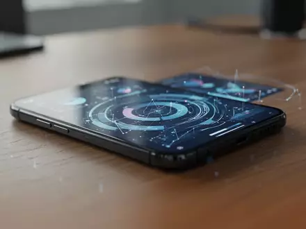 Ein Smartphone auf einem Schreibtisch, das abstrakte Datenvisualisierungen anzeigt, als Symbol für den Datenschutz bei Apps. - Foto: über boerse-global.de