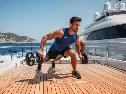 Ein austrainierter Profisportler absolviert ein intensives Fitnesstraining auf dem Deck einer Luxusjacht. - Foto: über boerse-global.de