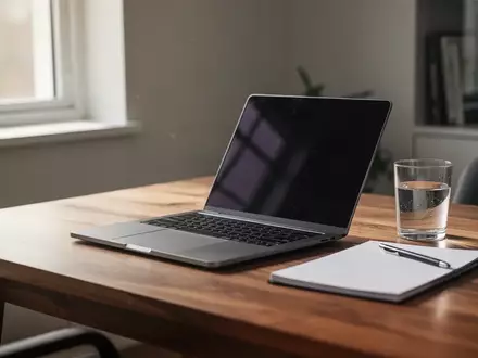 Ein unbesetzter, aufgeräumter Schreibtisch mit einem zugeklappten Laptop und einem Glas Wasser in einem hellen Büro. - Foto: über boerse-global.de