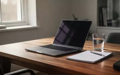 Ein unbesetzter, aufgeräumter Schreibtisch mit einem zugeklappten Laptop und einem Glas Wasser in einem hellen Büro. - Foto: über boerse-global.de