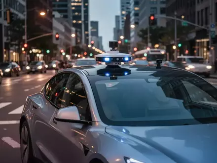 Ein modernes Elektroauto mit Sensoren und Lidar fährt durch eine belebte Stadtkreuzung in der Dämmerung. - Foto: über boerse-global.de