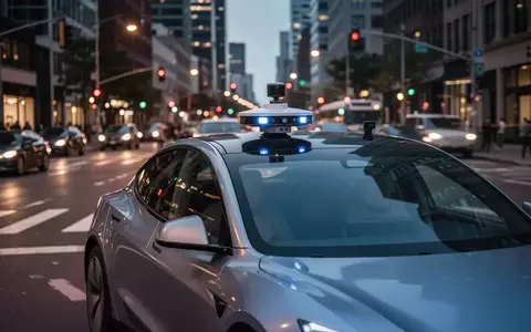 Ein modernes Elektroauto mit Sensoren und Lidar fährt durch eine belebte Stadtkreuzung in der Dämmerung. - Foto: über boerse-global.de