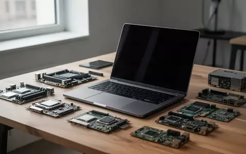 Ein moderner Schreibtisch mit einem Laptop und verschiedenen Computer-Hardwarekomponenten bei natürlichem Tageslicht. - Foto: über boerse-global.de
