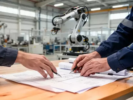 Ein Ingenieur prüft technische Unterlagen und Sicherheitsdokumentationen an einem Arbeitstisch in einer Industriehalle. - Foto: über boerse-global.de