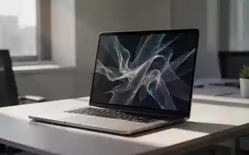 Ein moderner, minimalistischer Arbeitsplatz mit einem Laptop, auf dessen Bildschirm abstrakte digitale Kunst zu sehen ist. - Foto: über boerse-global.de