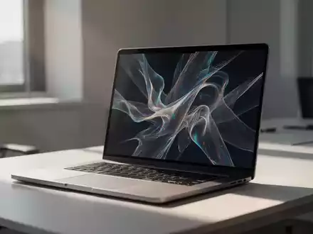 Ein moderner, minimalistischer Arbeitsplatz mit einem Laptop, auf dessen Bildschirm abstrakte digitale Kunst zu sehen ist. - Foto: über boerse-global.de