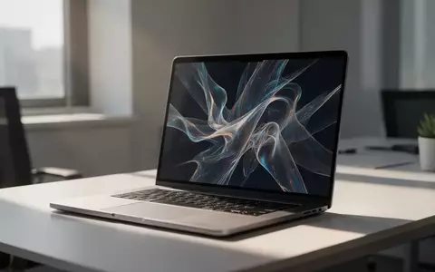 Ein moderner, minimalistischer Arbeitsplatz mit einem Laptop, auf dessen Bildschirm abstrakte digitale Kunst zu sehen ist. - Foto: über boerse-global.de