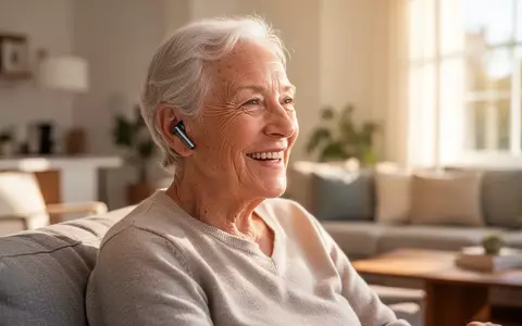 Eine ältere Person trägt moderne kabellose Ohrhörer in einem hellen, freundlich gestalteten Wohnzimmer. - Foto: über boerse-global.de