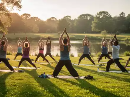 Eine Gruppe von Menschen praktiziert Yoga im Freien auf einer grünen Wiese an einem Teich bei sommerlichem Wetter. - Foto: über boerse-global.de
