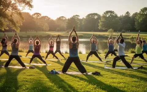 Eine Gruppe von Menschen praktiziert Yoga im Freien auf einer grünen Wiese an einem Teich bei sommerlichem Wetter. - Foto: über boerse-global.de