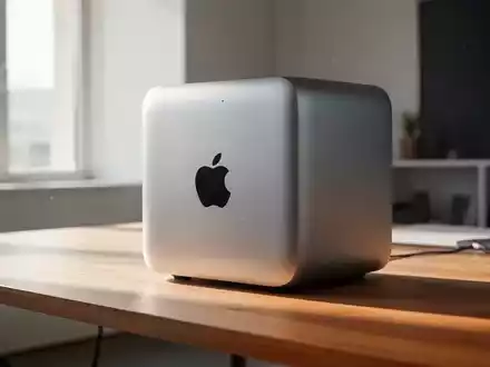 Ein Apple Mac Studio Computer auf einem minimalistischen Schreibtisch in einer modernen Büroumgebung. - Foto: über boerse-global.de