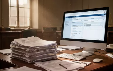 Stapel von juristischen Dokumenten auf einem Schreibtisch in einem Sozialgericht neben einem Computerbildschirm. - Foto: über boerse-global.de