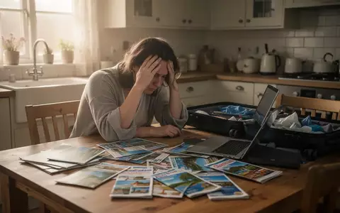 Eine gestresste Person am Küchentisch inmitten von Reiseunterlagen, Koffern und einem Laptop in einer authentischen Wohnumgebung. - Foto: über boerse-global.de