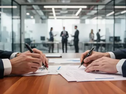 Zwei Personen bei der Unterzeichnung eines Vertrages in einem modernen, hellen Bürogebäude. - Foto: über boerse-global.de