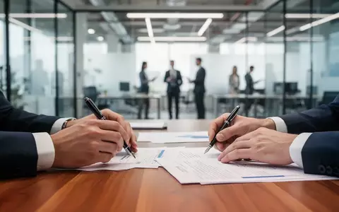 Zwei Personen bei der Unterzeichnung eines Vertrages in einem modernen, hellen Bürogebäude. - Foto: über boerse-global.de