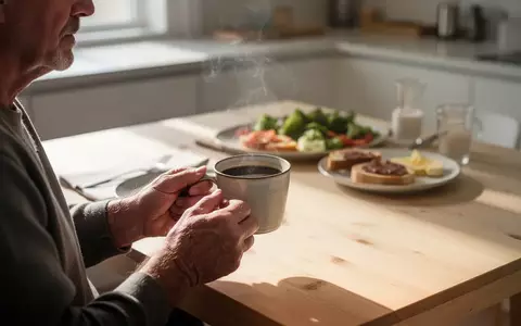 Eine Person mittleren Alters hält eine dampfende Tasse Kaffee an einem hellen Holztisch in einer natürlichen Umgebung. - Foto: über boerse-global.de