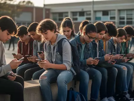 Eine Gruppe Jugendlicher sitzt auf einer Bank und schaut auf ihre Smartphones, während sie sich auf einem Schulhof aufhalten. - Foto: über boerse-global.de