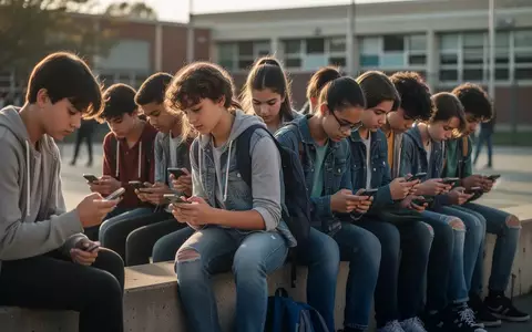 Eine Gruppe Jugendlicher sitzt auf einer Bank und schaut auf ihre Smartphones, während sie sich auf einem Schulhof aufhalten. - Foto: über boerse-global.de