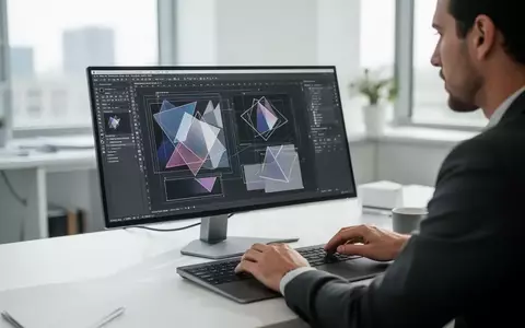 Ein Grafikdesigner arbeitet an einem Laptop an einer komplexen visuellen Komposition in einem modernen Büro. - Foto: über boerse-global.de