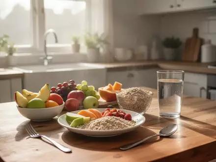 Gesundes Frühstück bei hellem Tageslicht auf einem Holztisch als Symbol für bewusste Ernährung und Chrononutrition. - Foto: über boerse-global.de